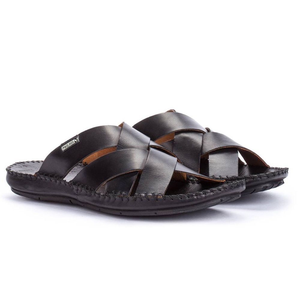 Pikolinos Tarifa Black Slide Sandals Mens Sz 42 Leather Flat Slip On